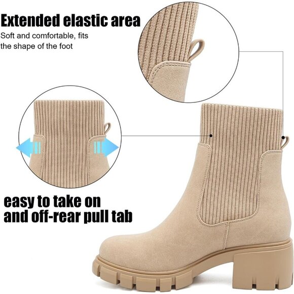 Women's Chelsea Platform Apricot Ankle Boots Stylish Comfortable Slip On Shoes - Picture 4 of 7